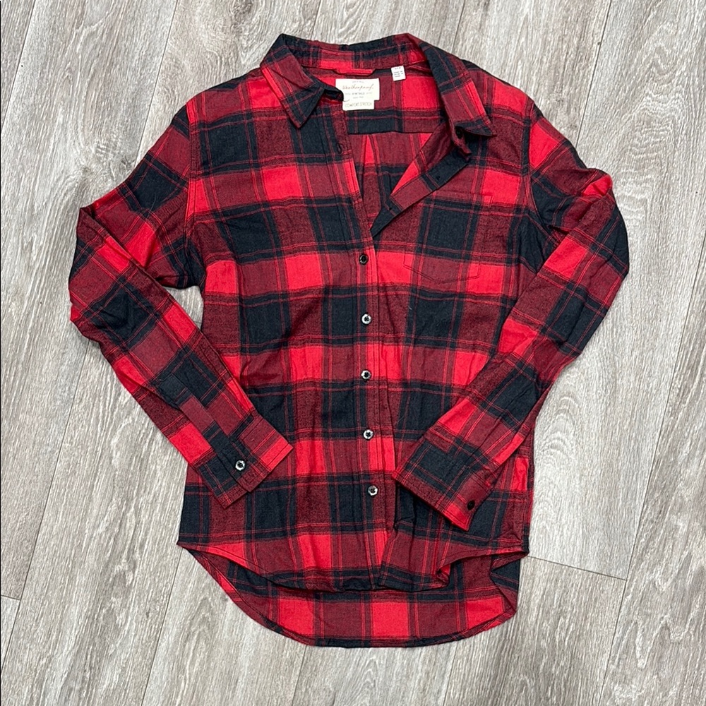 Red and Black Plaid Button-Up Flannel Shirt